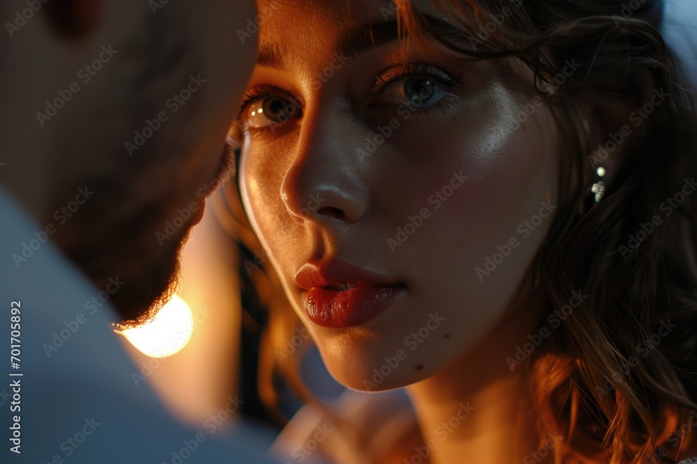 Poster a close-up of a woman's face with a man standing behind her. this image can be used to depict variou