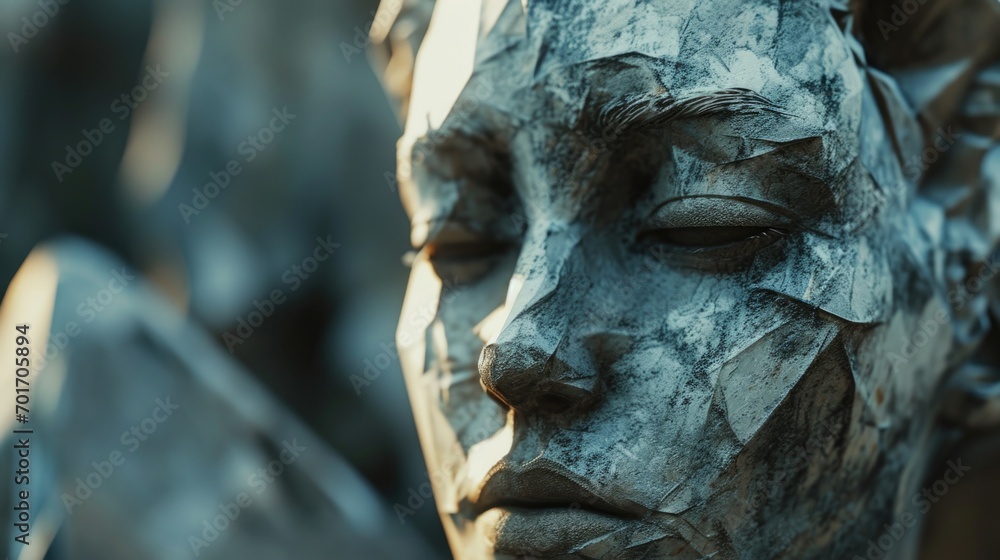 Poster a detailed close-up view of a statue depicting a woman's face. this image can be used to represent a