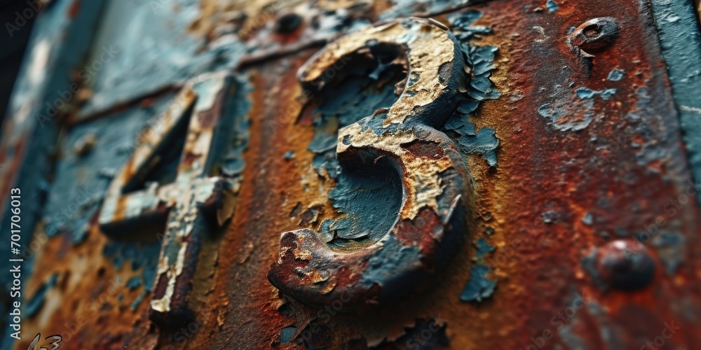 Poster A close-up shot of a rusted metal surface with a clearly visible number. This image can be used to depict industrial decay, vintage signage, or urban exploration