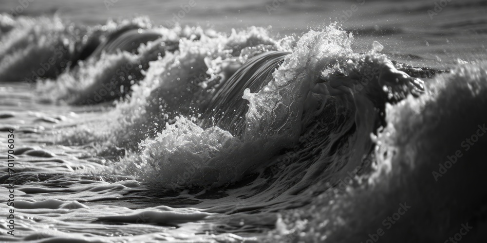 Poster a captivating black and white photo capturing the power and beauty of a wave in the ocean. perfect f