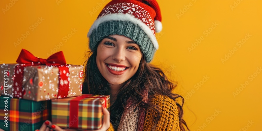 Canvas Prints A woman wearing a Santa hat holding a pile of presents. Perfect for holiday-themed designs and festive promotions