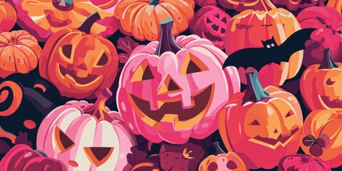A large group of Halloween pumpkins with bats. Perfect for Halloween-themed designs and decorations