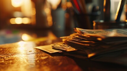 A stack of money sitting on top of a wooden table. This image can be used to represent wealth, finance, savings, or business concepts - obrazy, fototapety, plakaty