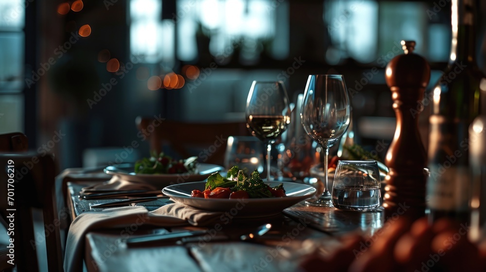 Poster A table set with a plate of food and glasses of wine. Perfect for showcasing a delicious meal and creating a warm and inviting atmosphere.
