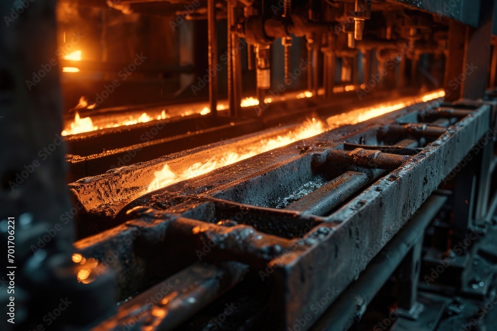 Poster a bustling factory filled with an array of metal items. ideal for industrial concepts and manufactur