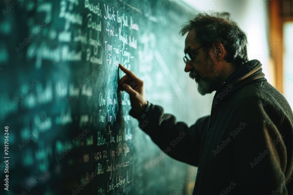 Poster A man is seen writing on a blackboard with chalk. This image can be used for educational purposes or to represent creativity and problem-solving