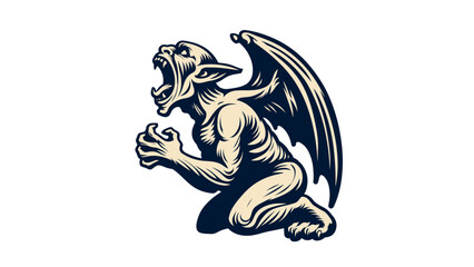 Medieval Gargoyle Drawing, Kneeling and Screaming Gargoyle Gothic Fantasy Creature Vector Illustration