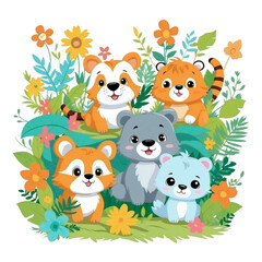Obraz na płótnie Canvas Jungle Jamboree, Sweet Safari Squad, Playful kids animal tshirt design, vector graphic, colorful, adorable, cute, vector illustration, transparent background