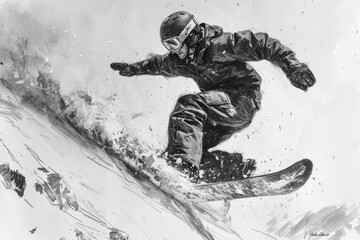 Fototapeta na wymiar A man riding a snowboard down a snow-covered slope. Perfect for winter sports enthusiasts or travel advertisements featuring snowy destinations