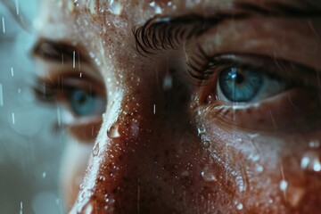 A close-up shot capturing the person's eyes in the rain. Perfect for illustrating emotions and capturing the mood of a rainy day - obrazy, fototapety, plakaty