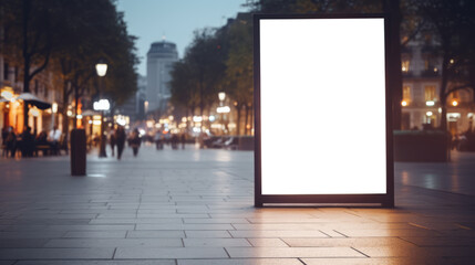 Busy evening street with a bright blank advertising billboard. Urban lifestyle and marketing concept. Generative AI