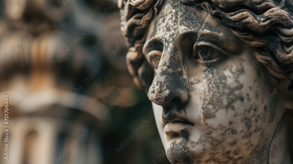 Poster a detailed view of the face of a statue of a woman. suitable for various artistic and historical pro