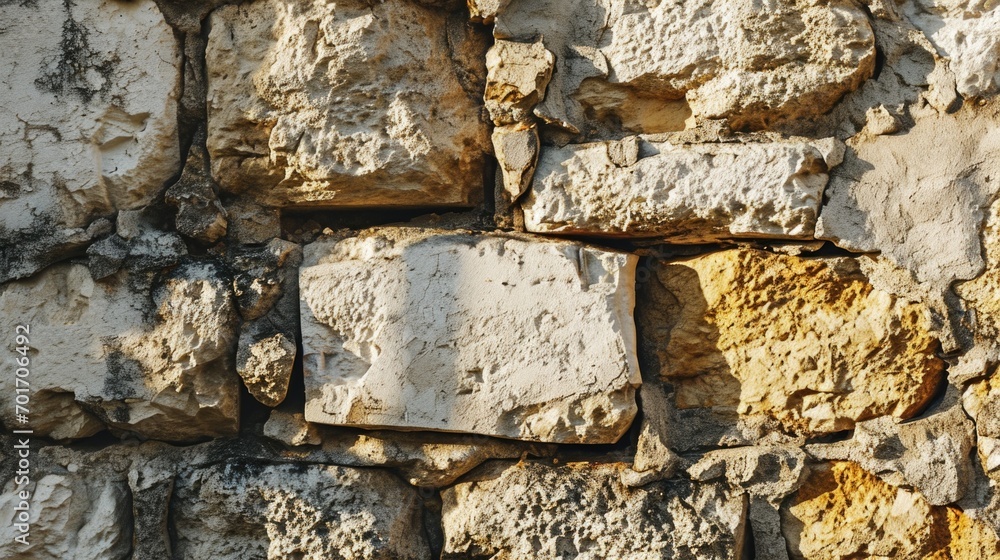 Poster A close-up view of a stone wall with a clock. Perfect for adding a rustic touch to any design