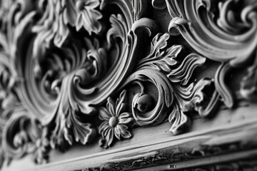 An elegant black and white photograph showcasing an intricate and detailed ornate design. Perfect for adding a touch of sophistication and style to any project or decor
