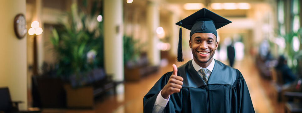 Smiling man, university hall backdrop. Tradition and education concept. Success. Generative AI
