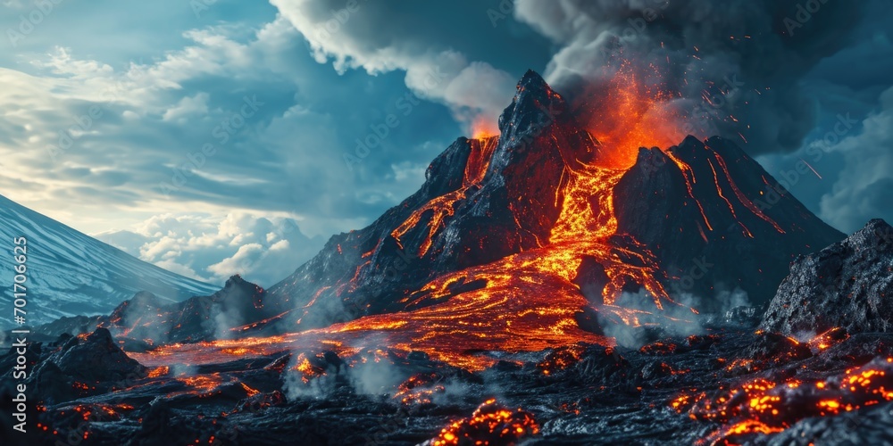 Poster a powerful volcano erupting and spewing lava into the sky. this image captures the intense energy an