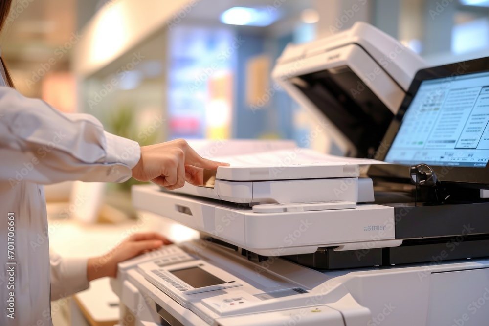 Poster woman using a printer to print a document. suitable for office, technology, and work-related project