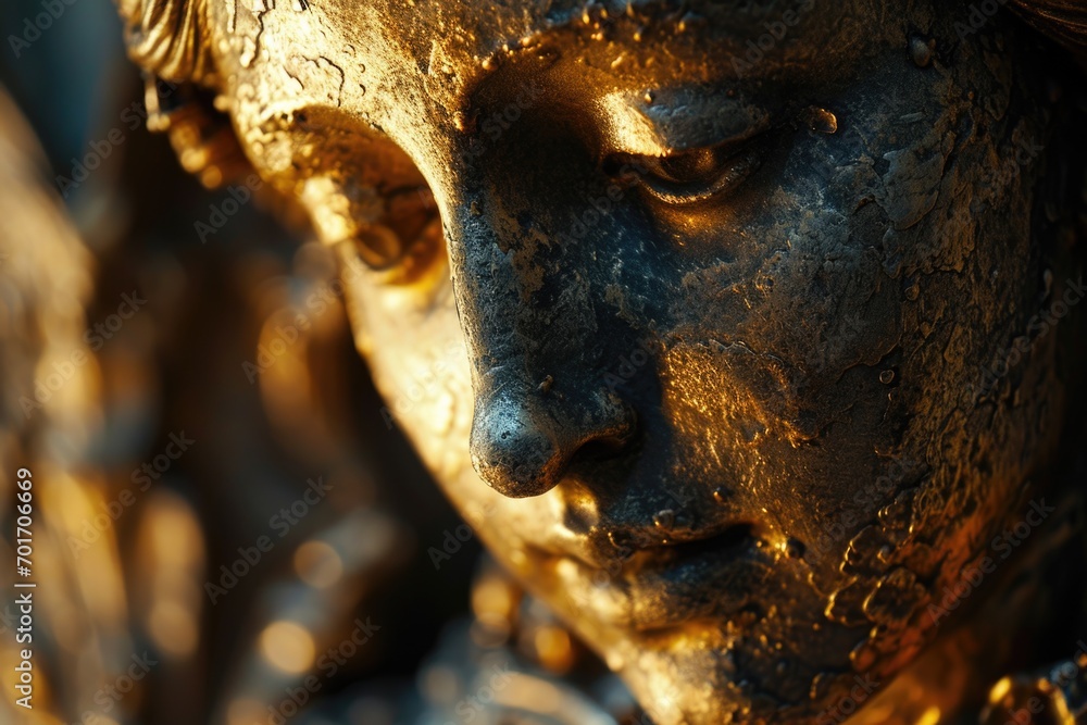 Poster a detailed close-up of a statue depicting a woman. ideal for artistic projects and historical refere