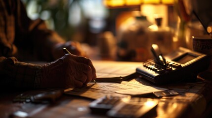 A person sitting at a table with a calculator and a pen. This image can be used for financial planning or budgeting concepts