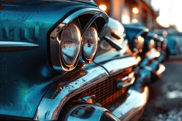 A row of old cars parked on the side of the road. Ideal for illustrating vintage car collections or showcasing a retro automobile event