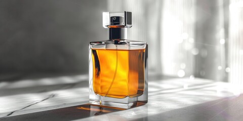 A close-up view of a perfume bottle placed on a table. Suitable for beauty and lifestyle concepts