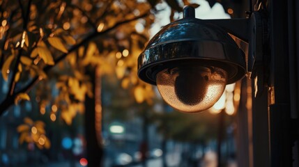 A detailed view of a street light with a tree in the background. This image can be used to depict urban landscapes or as a symbol of illumination and nature coming together