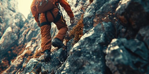 A man is seen climbing up a steep mountain with a backpack. This image can be used to depict adventure, hiking, or perseverance in challenging situations
