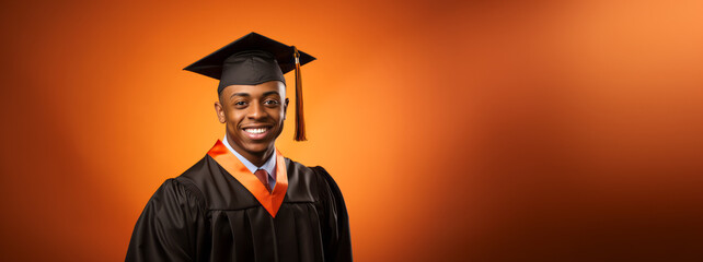 Confident Black university graduate, orange background, thumbs up. Educational success concept....