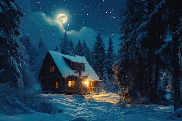 A cabin in the woods illuminated by the light of a full moon. Suitable for various uses