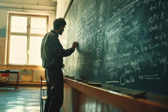 A man is seen writing on a blackboard in a classroom. This image can be used to depict education, teaching, or learning concepts