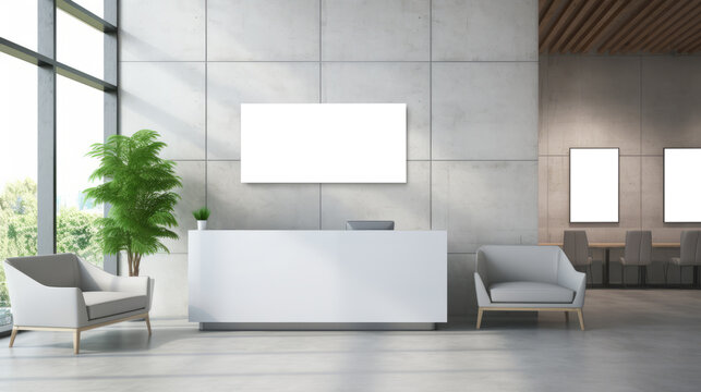 Contemporary office reception with blank poster mockups and greenery. Interior design concept Generative AI