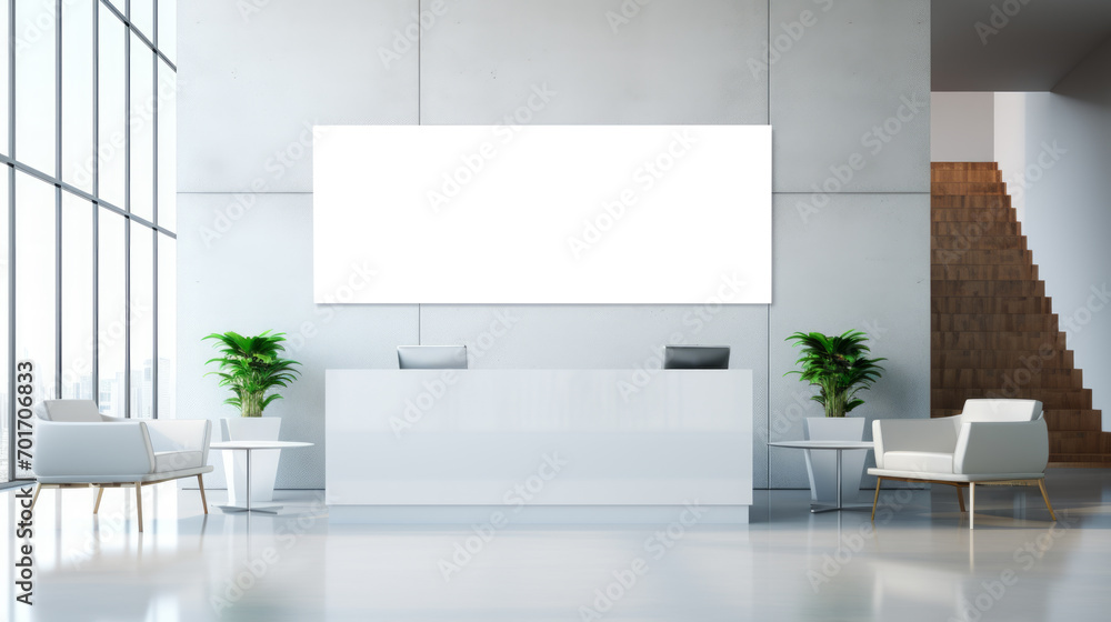 Aufkleber minimalist office lobby with white reception desk and large windows. modern design. generative ai