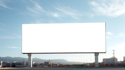 Obraz premium Billboard on a vacant lot with distant mountains and clear sky. Advertising and open space concept. Generative AI