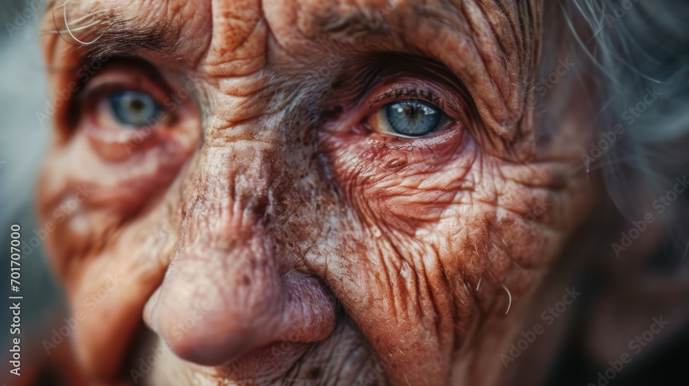Poster a detailed close-up of a person's face showing visible wrinkles. this image can be used in various c
