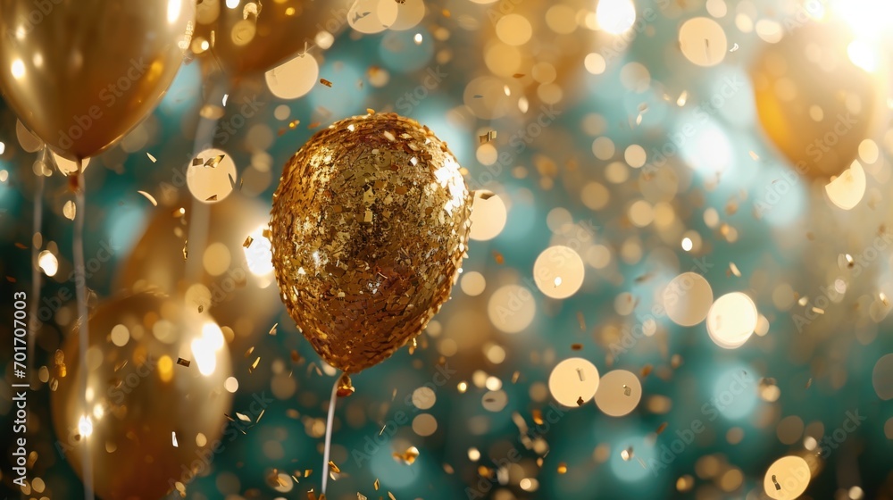 Poster A bunch of gold balloons floating in the air. Perfect for adding a touch of elegance and celebration to any event