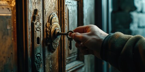 A person is seen opening a door using a key. This image can be used to represent concepts such as access, security, unlocking, or entering a new opportunity
