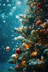 Obraz na płótnie Canvas A beautiful Christmas tree adorned with ornaments submerged underwater. Perfect for holiday decorations and festive greetings