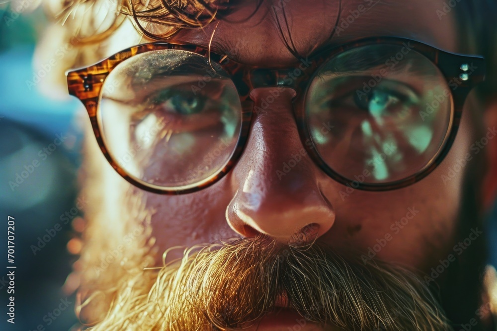 Poster A detailed close-up image of a man with glasses and a beard. This versatile picture can be used in various contexts