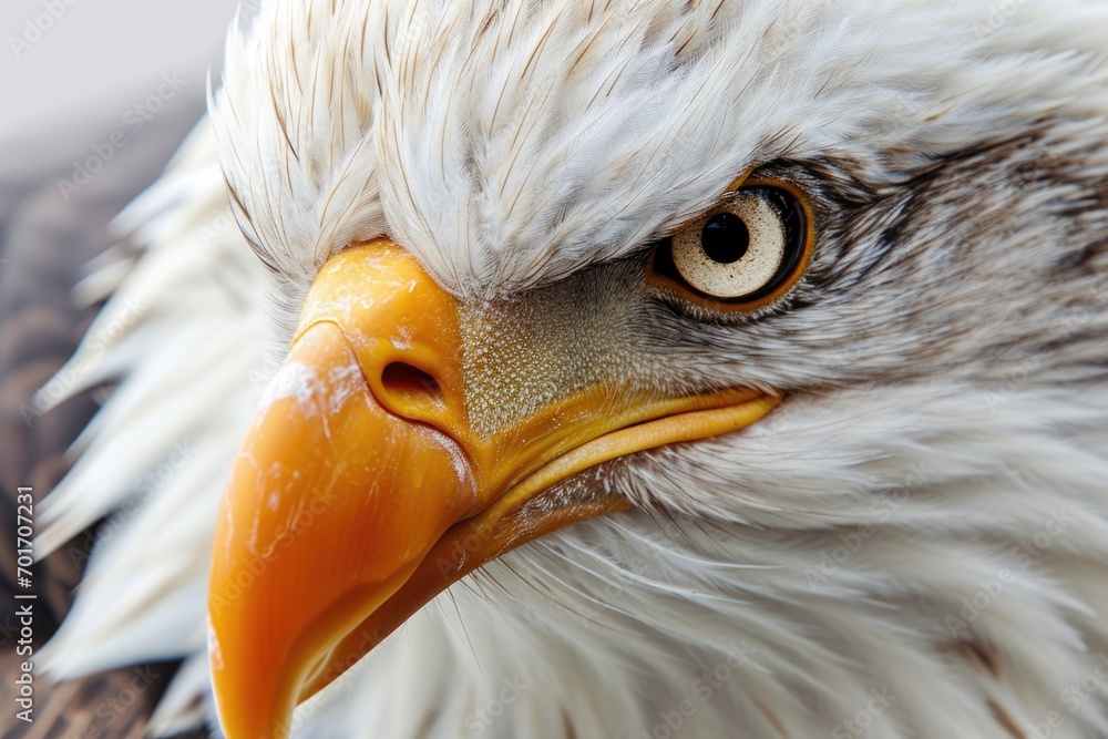 Poster a detailed close-up view of a bald eagle's face. perfect for wildlife enthusiasts and nature-themed 
