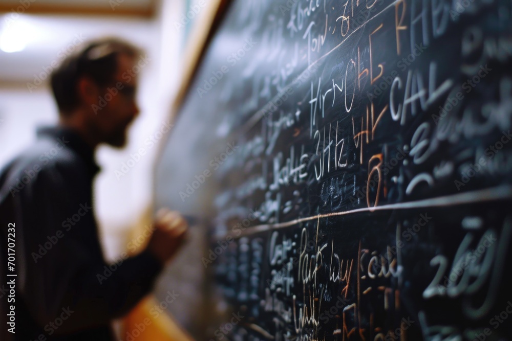 Poster a man is seen writing on a blackboard with chalk. this image can be used to depict education, teachi
