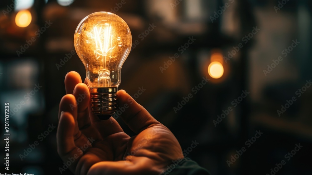 Poster a person holding a light bulb in their hand. this image can be used to represent creativity, innovat