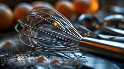 Whisk and oranges placed on a table. Suitable for culinary and food-related concepts