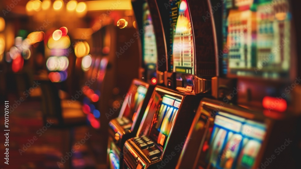 Poster a row of slot machines in a bustling casino. perfect for illustrating the excitement and energy of a