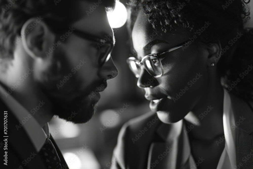 Poster A simple yet powerful image capturing the moment when a man and a woman lock eyes, creating a connection. Perfect for conveying emotions and relationships