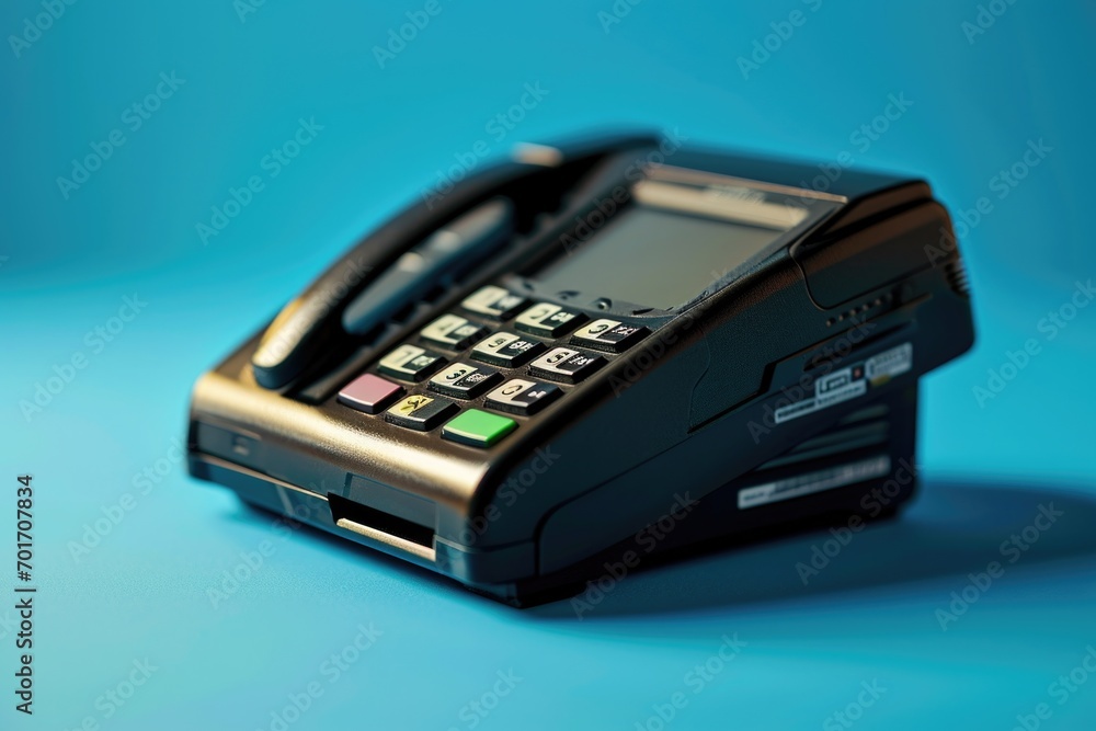 Poster A close-up view of a phone resting on a table. Suitable for technology, communication, and work-related concepts