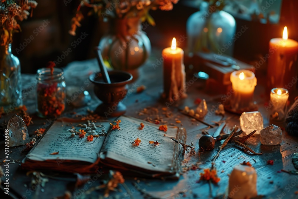 Poster A table with candles and a book. Suitable for creating a cozy and relaxing atmosphere