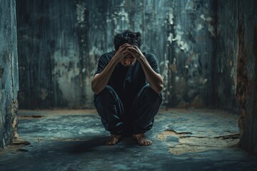 A man sitting on the ground with his head in his hands. Suitable for depicting stress, despair, or mental health issues.