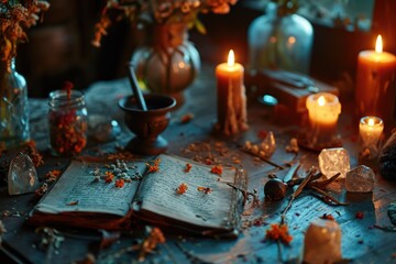 A table with candles and a book. Suitable for creating a cozy and relaxing atmosphere