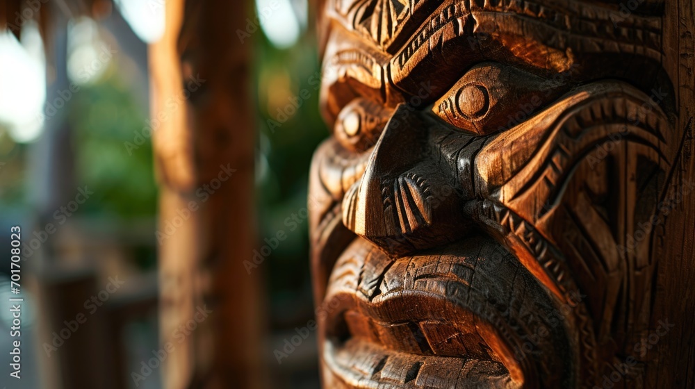 Poster A close-up view of a carving of a face. This image can be used for various creative projects and crafts