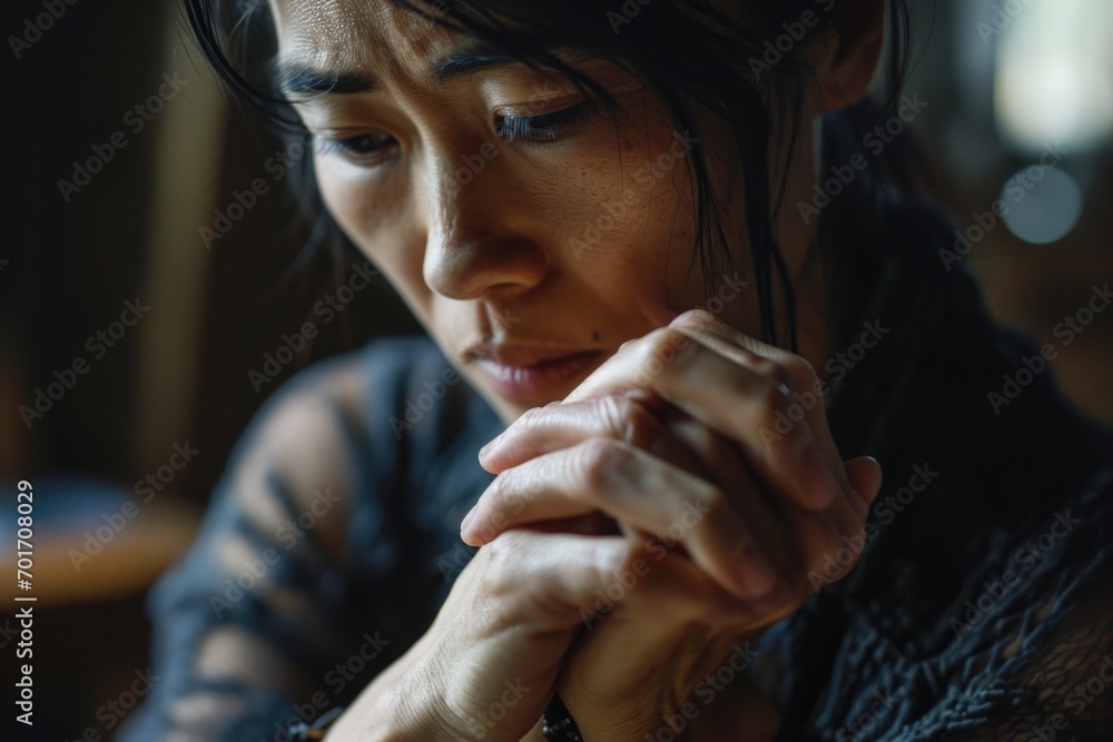 Poster a woman sitting at a table, deep in thought, with her hand resting on her chin. this image can be us